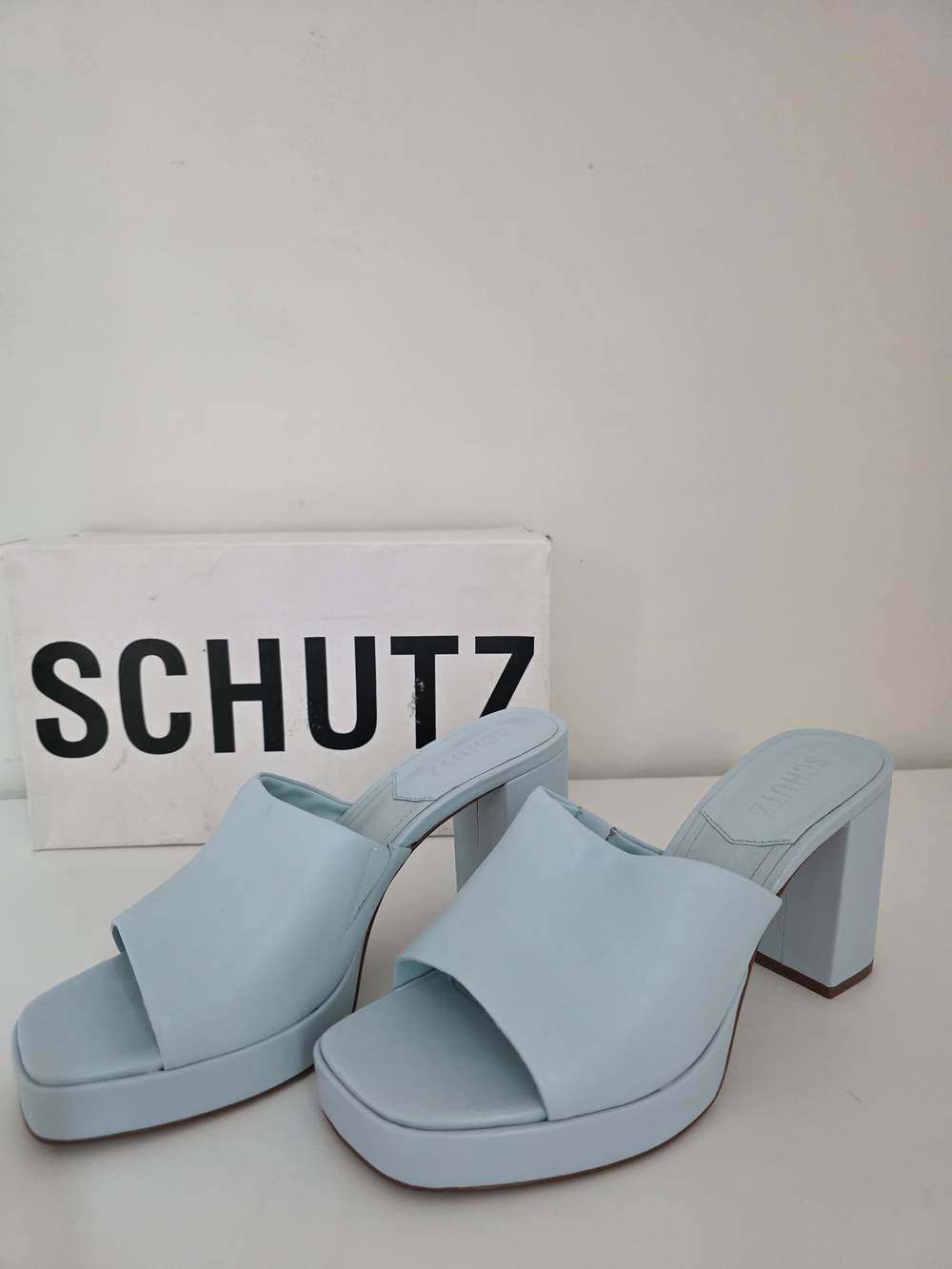 SCHUTZ Light Blue Platform Mules
